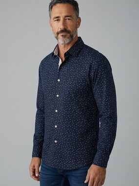 Report Collection Navy Button-Down Shirt with Micro Dot Pattern 1048
